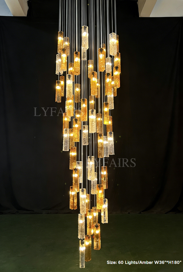 Modern Colorful Rectangle Cluster Glass Tile Staircase Chandelier