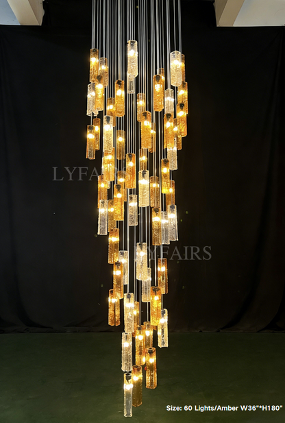 Modern Colorful Rectangle Cluster Glass Tile Staircase Chandelier