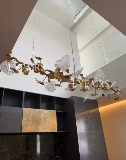 Nature-inspired Linear Brass Branches Chandelier with Glass Leaves