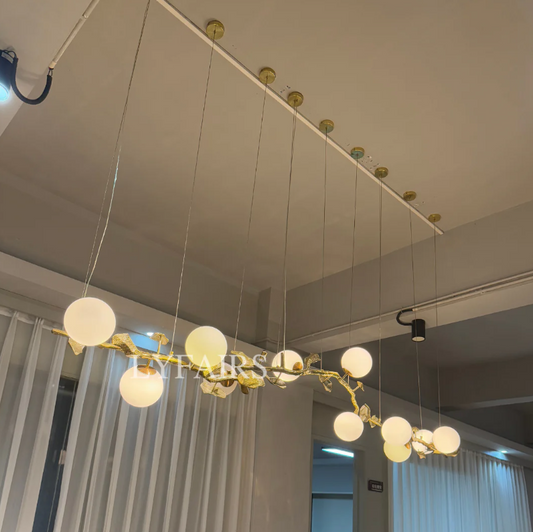 Luxury Linear Brass Branches Chandelier with White Globe Glass