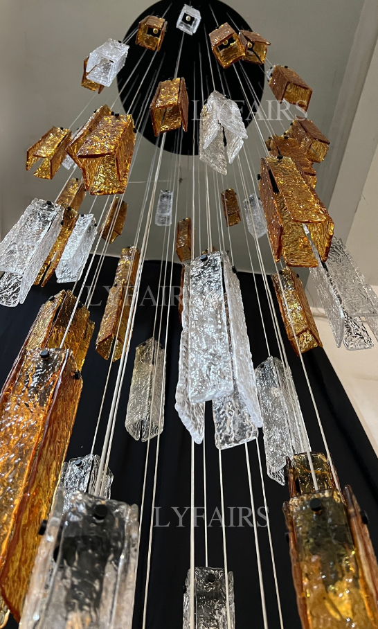Modern Colorful Rectangle Cluster Glass Tile Staircase Chandelier