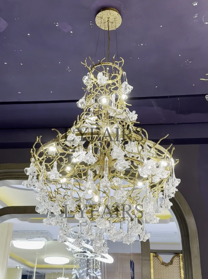 Nature-inspired Brass Tree Chandelier with Glazed Glass Flowers