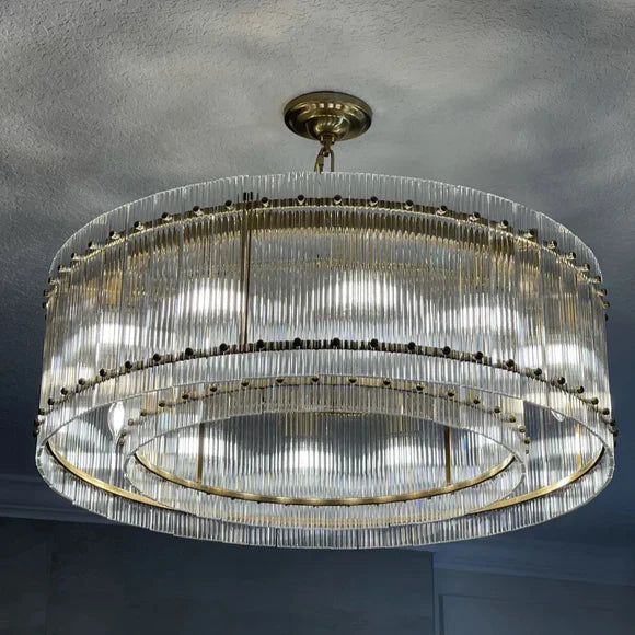 Lustre moderne à un niveau, rond et fait main, avec panneaux en verre cannelé