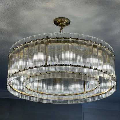 Lustre moderne à un niveau, rond et fait main, avec panneaux en verre cannelé