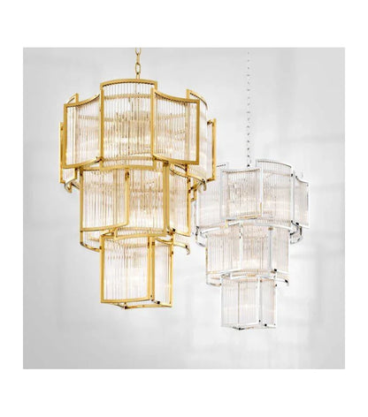Modern Multi-tiered Tiles Crystal Rods Chandelier for High-ceiling