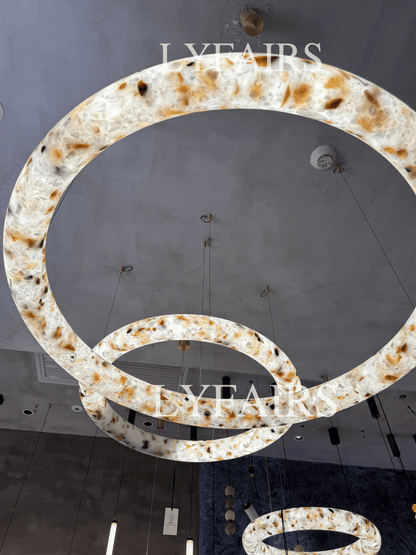 Modern Sculptural Circular Mixed Alabaster Halo Suspension Light