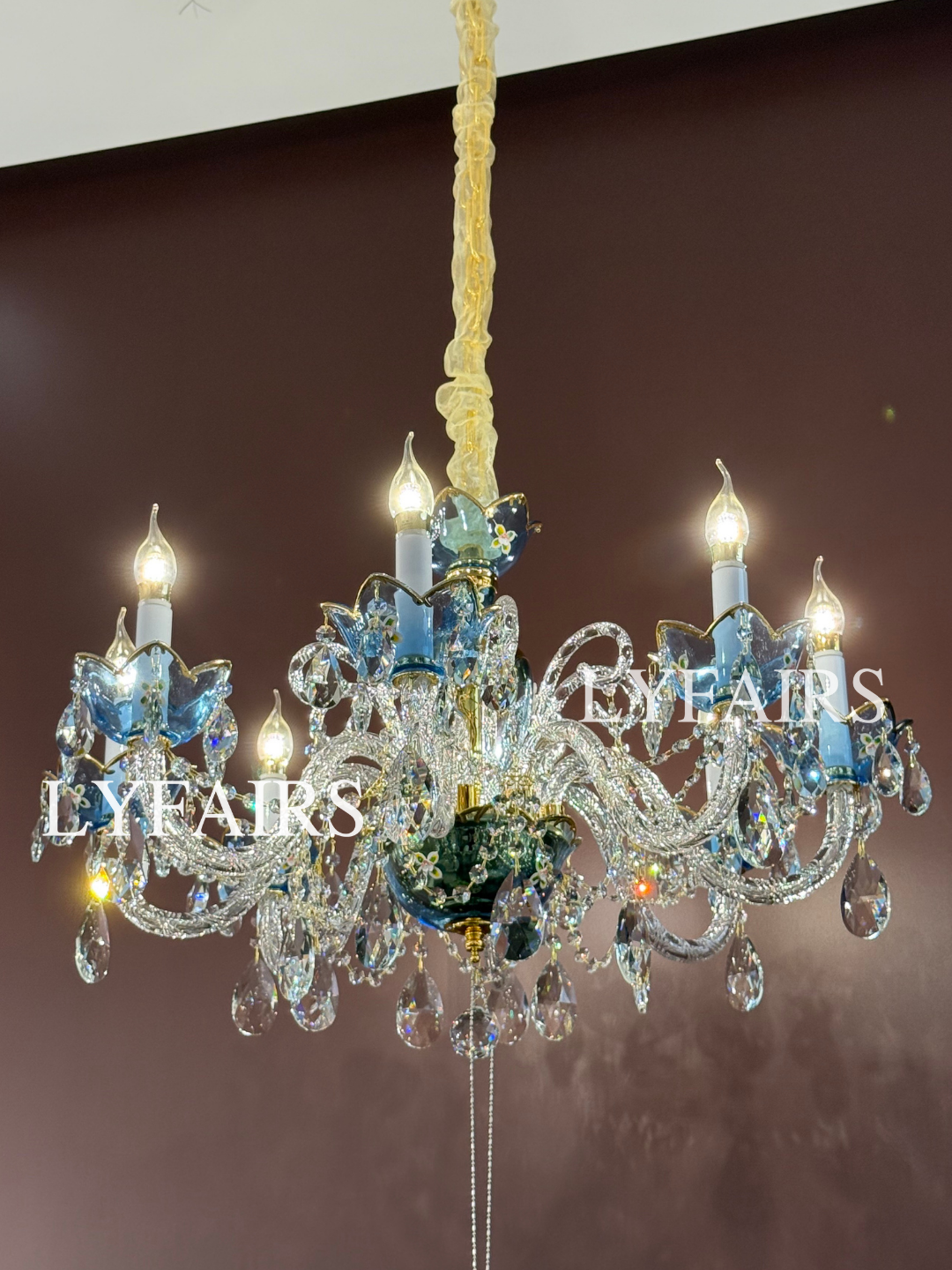 Lampadario di design francese romantico in cristallo blu, lampadario moderno a forma di candela, per camera da letto/soggiorno/sala da pranzo.