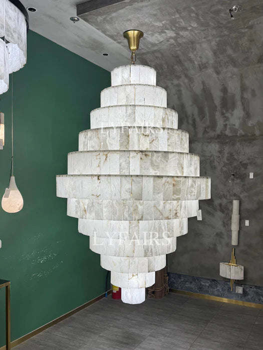Luxury Sculpted Pyramid-Tier Alabaster Chandelier for High Ceiling