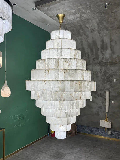 Luxury Sculpted Pyramid-Tier Alabaster Chandelier for High Ceiling