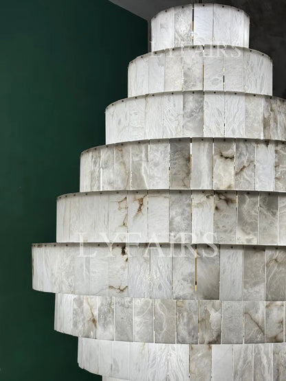 Luxury Sculpted Pyramid-Tier Alabaster Chandelier for High Ceiling