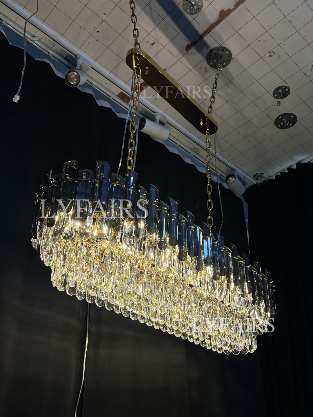 Smoke Gray Crystal Chandelier Flush-Mounted Ceiling Light Fixture Set for Dining Room/Living Room