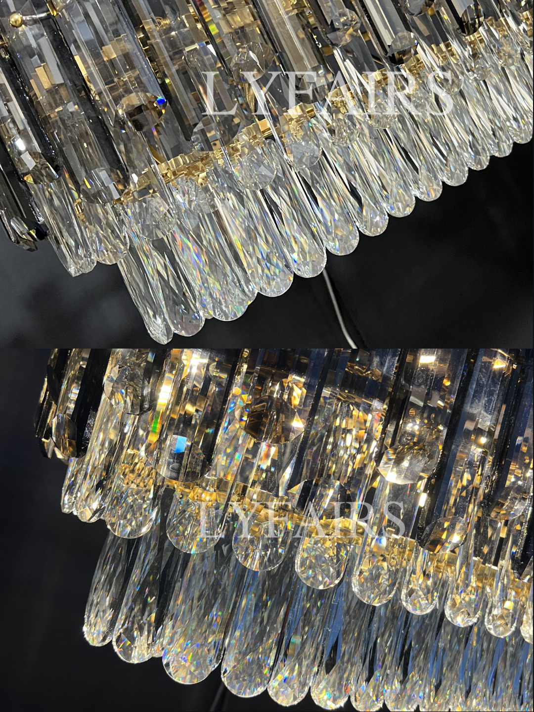 Smoke Gray Crystal Chandelier Flush-Mounted Ceiling Light Fixture Set for Dining Room/Living Room