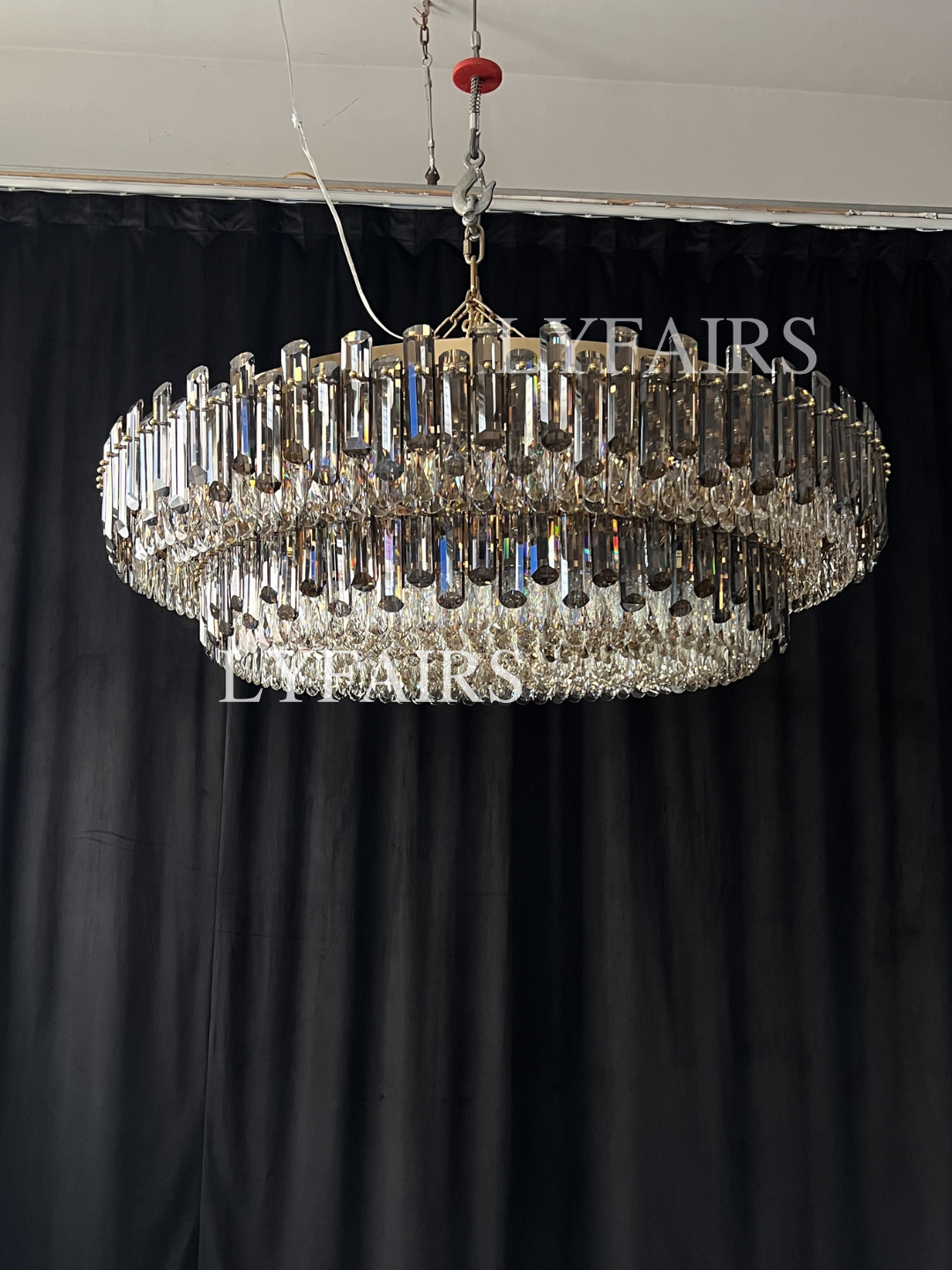 Smoke Gray Crystal Chandelier Flush-Mounted Ceiling Light Fixture Set for Dining Room/Living Room