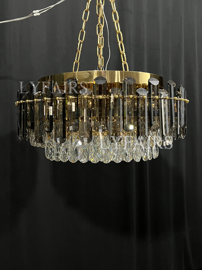 Smoke Gray Crystal Chandelier Flush-Mounted Ceiling Light Fixture Set for Dining Room/Living Room