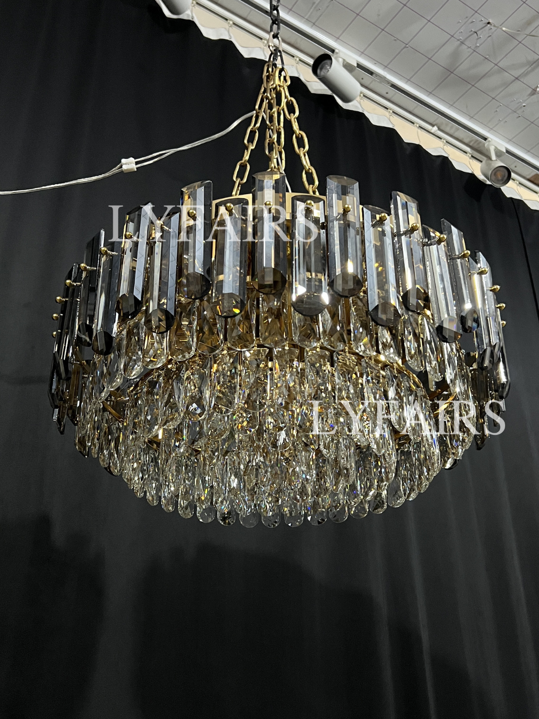Smoke Gray Crystal Chandelier Flush-Mounted Ceiling Light Fixture Set for Dining Room/Living Room
