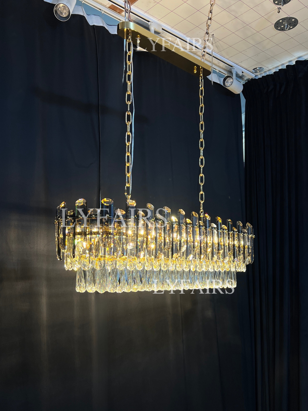 Smoke Gray Crystal Chandelier Flush-Mounted Ceiling Light Fixture Set for Dining Room/Living Room