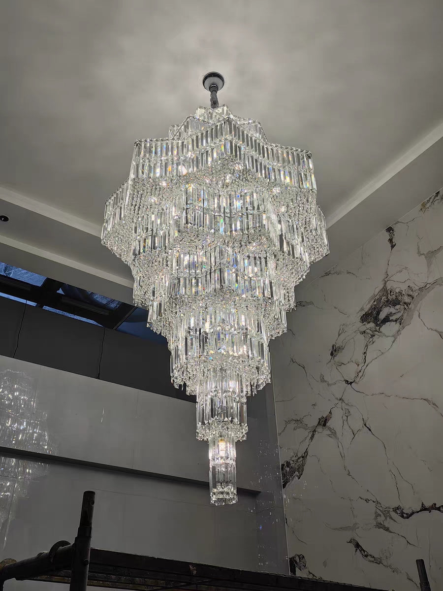 Lampadario di cristallo di lusso a più livelli Plaza extra large per hall di hotel / foyer a 2 piani / soggiorno con soffitto alto