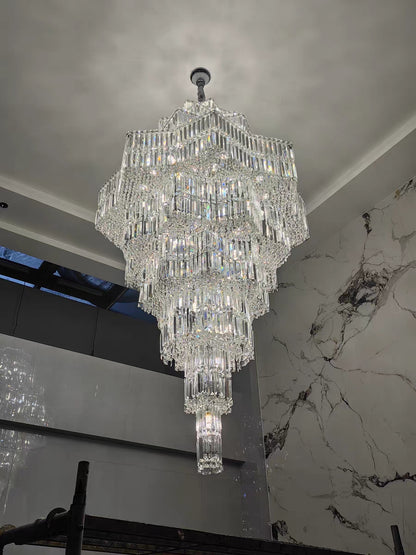 Lampadario di cristallo di lusso a più livelli Plaza extra large per hall di hotel / foyer a 2 piani / soggiorno con soffitto alto