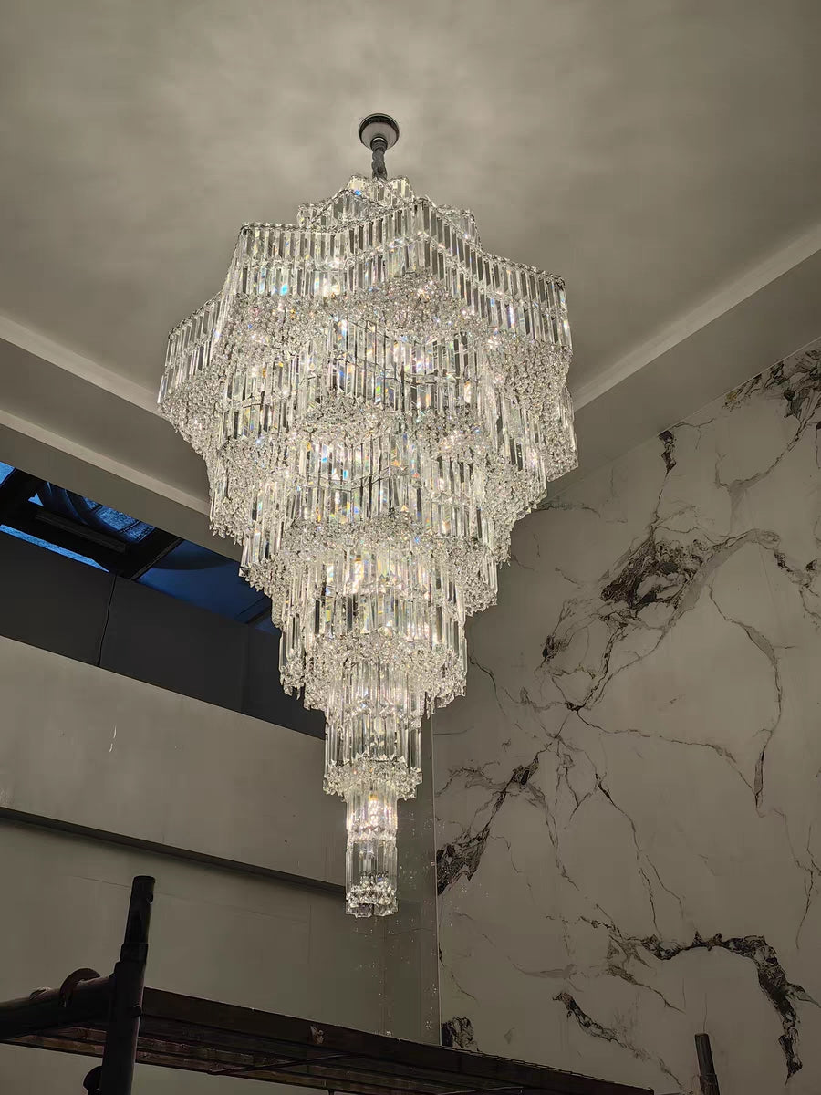 Lampadario di cristallo di lusso a più livelli Plaza extra large per hall di hotel / foyer a 2 piani / soggiorno con soffitto alto