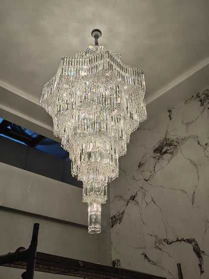 Lampadario di cristallo di lusso a più livelli Plaza extra large per hall di hotel / foyer a 2 piani / soggiorno con soffitto alto