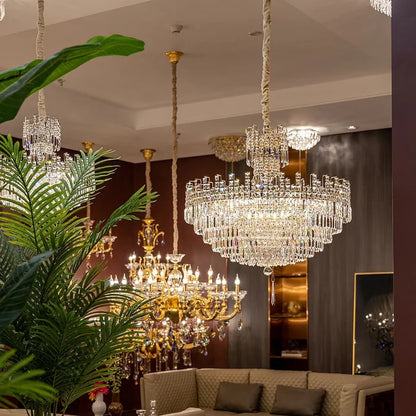 Lampadario di cristallo rotondo di grandi dimensioni per l'illuminazione del corridoio dell'hotel di lusso, per l'atrio, il soggiorno, la scala