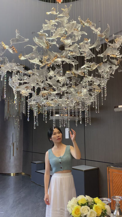 Modern Floating Maple Leaves Raindrop Crystal Chandelier