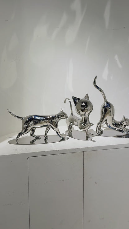Handcrafted Stainless Steel Cat Art Sculpture with Playful Poses