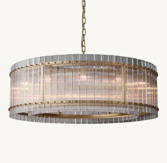 Lustre moderne à un niveau, rond et fait main, avec panneaux en verre cannelé
