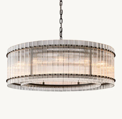 Lustre moderne à un niveau, rond et fait main, avec panneaux en verre cannelé