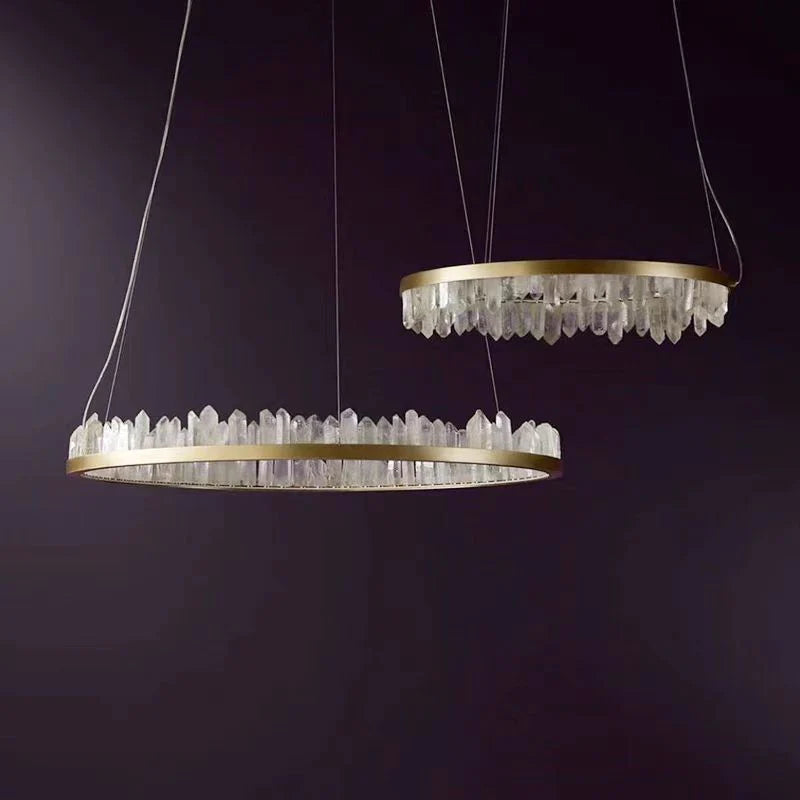 Modern Style Rings Brass & Natural Quartz Crystal Chandelier in Brass/Black Finish