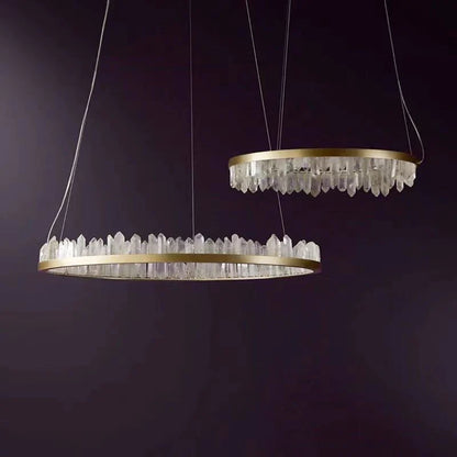 Modern Style Rings Brass & Natural Quartz Crystal Chandelier in Brass/Black Finish