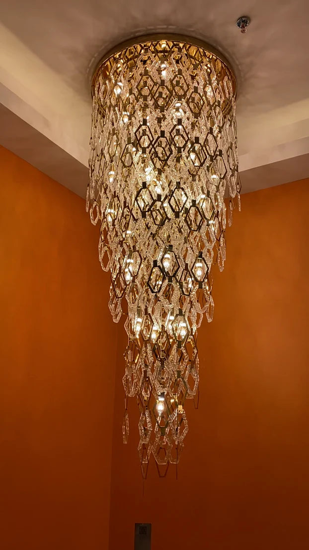 Lampadario moderno in cristallo esagonale a filo per scale/ingresso