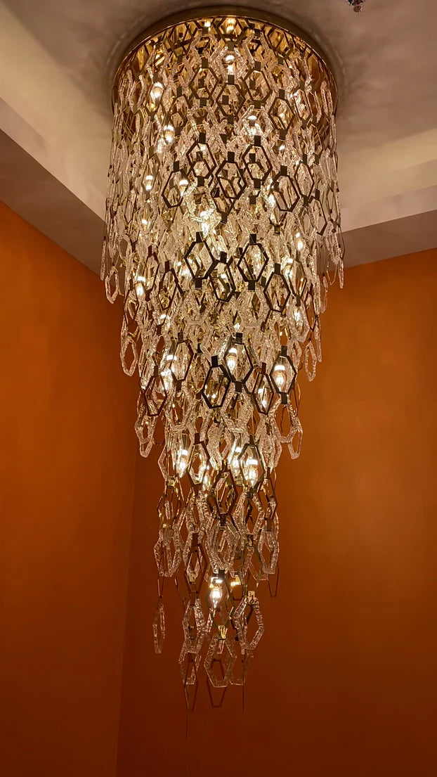 Lampadario moderno in cristallo esagonale a filo per scale/ingresso
