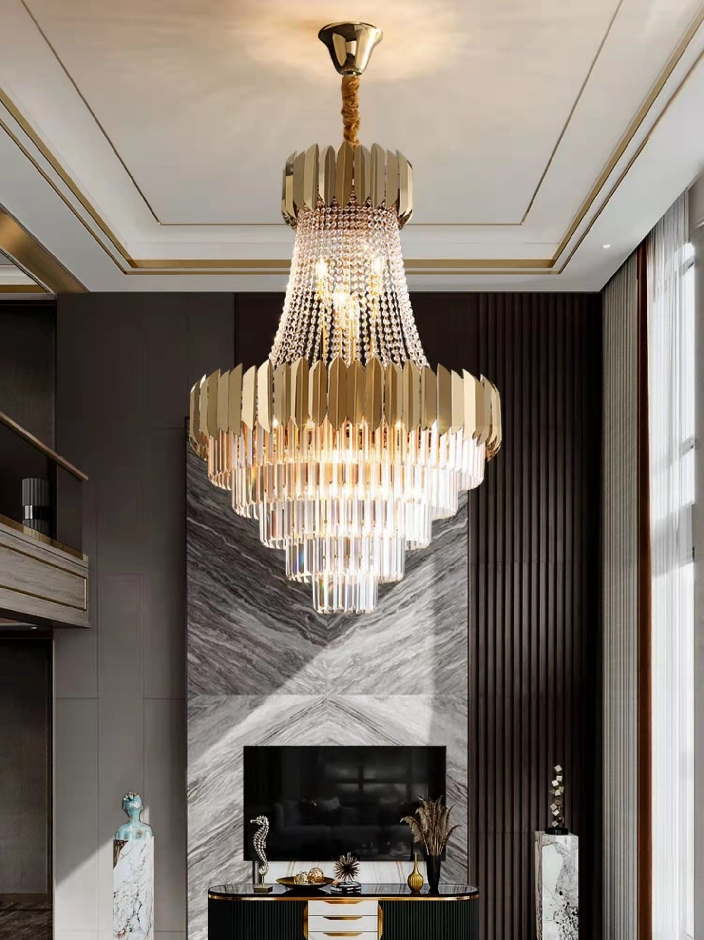 Lampadario di cristallo dorato per corridoio, lampada da soffitto di lusso per soggiorno e scale