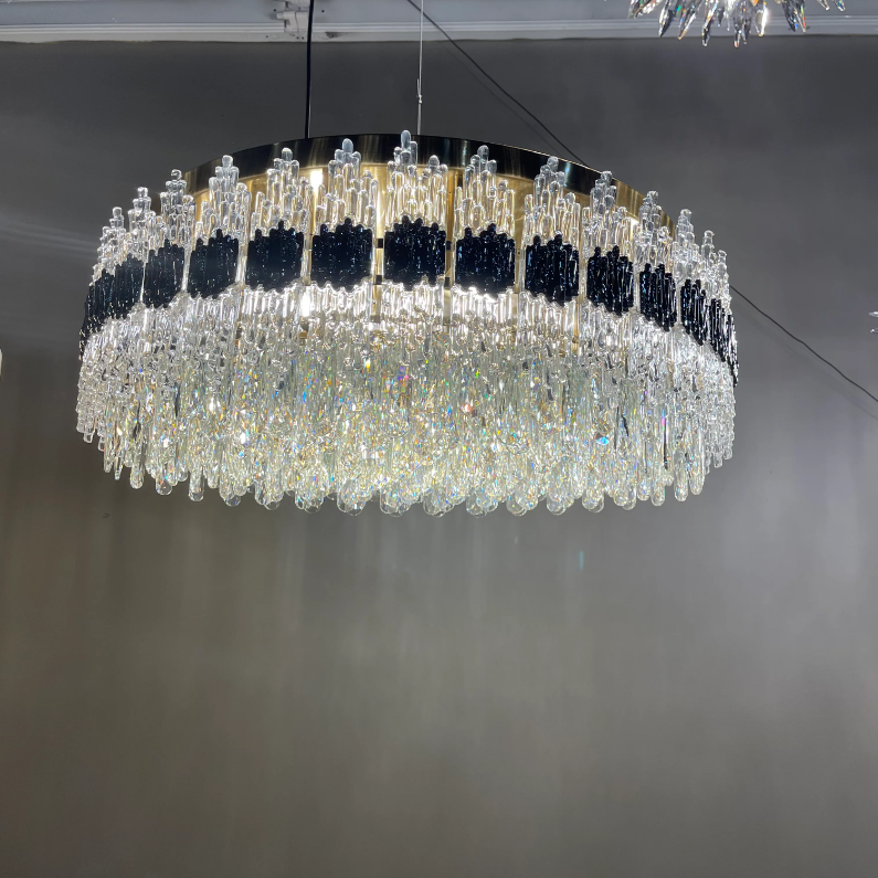  DEMILUNE ROUND FLUSHMOUNT CRYSTAL CHANDELIER,chandelier,chandeliers,crystal,round,rods,black,clear crystal,ceiling,chain,adjustable,luxury,chrome,gold
