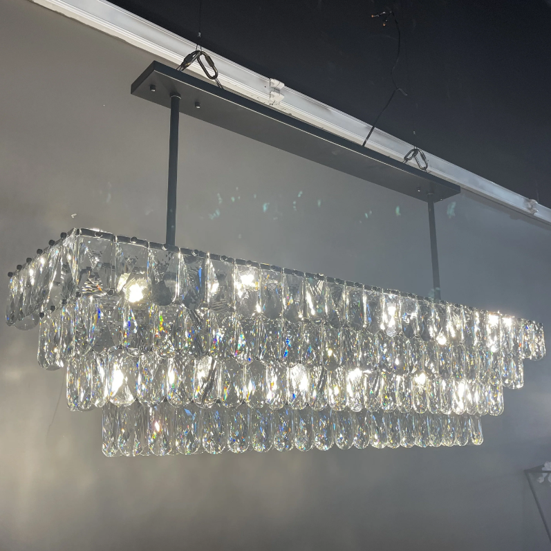 Oversized Luxury 4 Tiers Rectangle Crystal Pendant Chandelier for Living/Dining Room/Kitchen Island