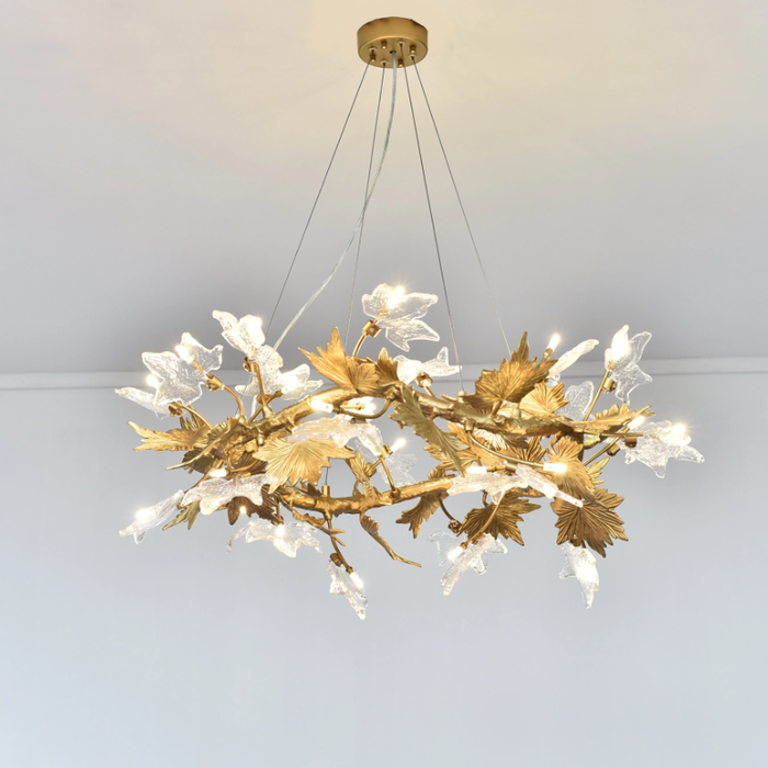 Post-modern Artistic Gold Branch Brass and Crystal Maple Leaves Pendnat Light for Living/Dining Room