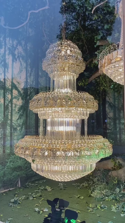 Golden Era Grand Cascade Fountain Empire 3-Tier Crystal Chandelier for High-ceiling