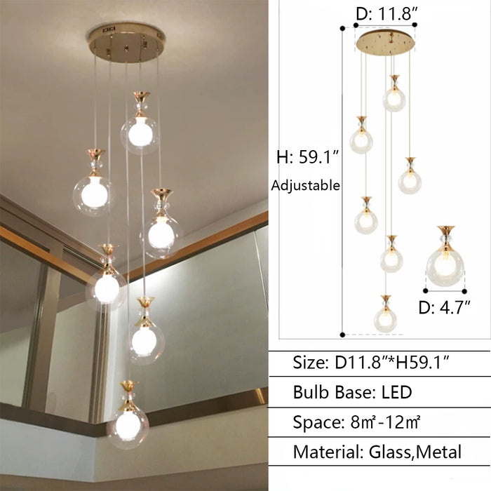 6Lights: D11.8"*H59.1" chandelier,chandeliers,ceiling,glass,metal,glass shade,ball,gold,sphere,round,ceiling,adjustable,extra long,long,living room,dining room,stairs,loft,entrys,hallway,duplex hall