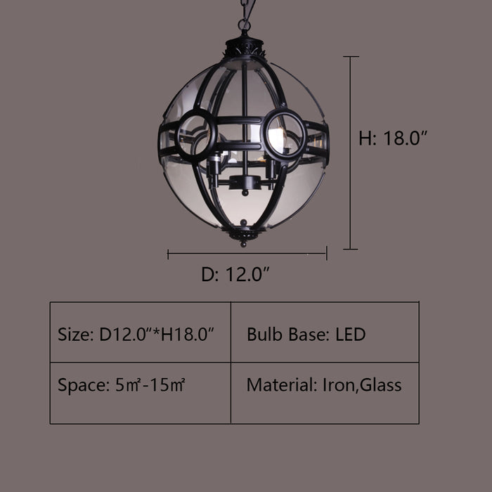 D12.0"*H18.0" POLAR GLASS HOTEL PENDANT LIGHT,CHANDELIER,CHANDELIERS,PENDANT,SPHERE,ROUND,black iron,clear glass,candle,branchmglass shade,post-modern,living room,dining room,bar,bedroom,kitchen,hallway