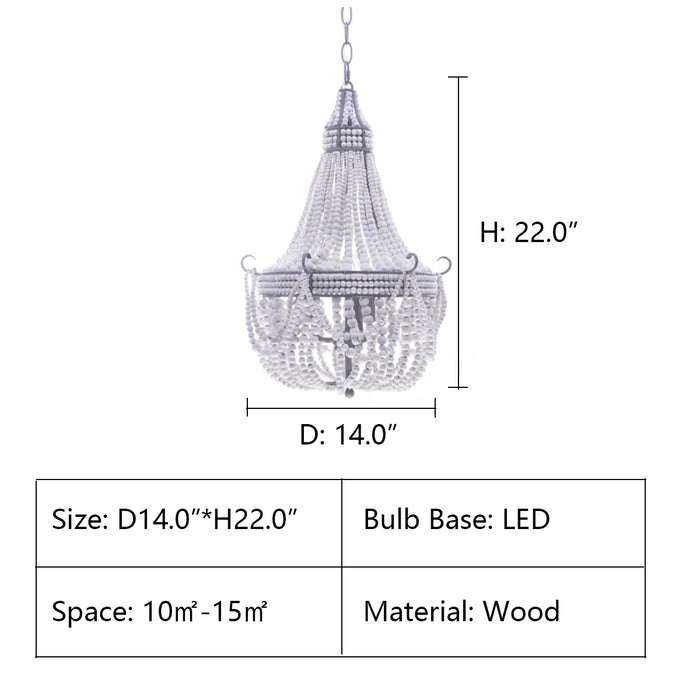 D14.0"*H22.0" Atelier Wood Beaded Chandelier,chandelier,chandelirs,pendant,white,wood,wooden,metal,round,empire,beads,wooden beads chain,metal branch,ceiling,chain,adjustable,dining room,living room,foyer,bedroom,entryance