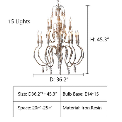 15Lights: D36.2'*H45.3" chandelier,chandeliers,pendant,candle,branch,metal,iron,wood,resin,vintage,retro,american countryside,living room,dining room,coffee shop,foyer,entrys,hallway,bedroom