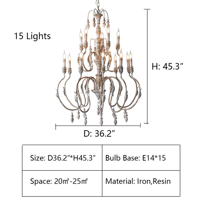 15Lights: D36.2'*H45.3" chandelier,chandeliers,pendant,candle,branch,metal,iron,wood,resin,vintage,retro,american countryside,living room,dining room,coffee shop,foyer,entrys,hallway,bedroom