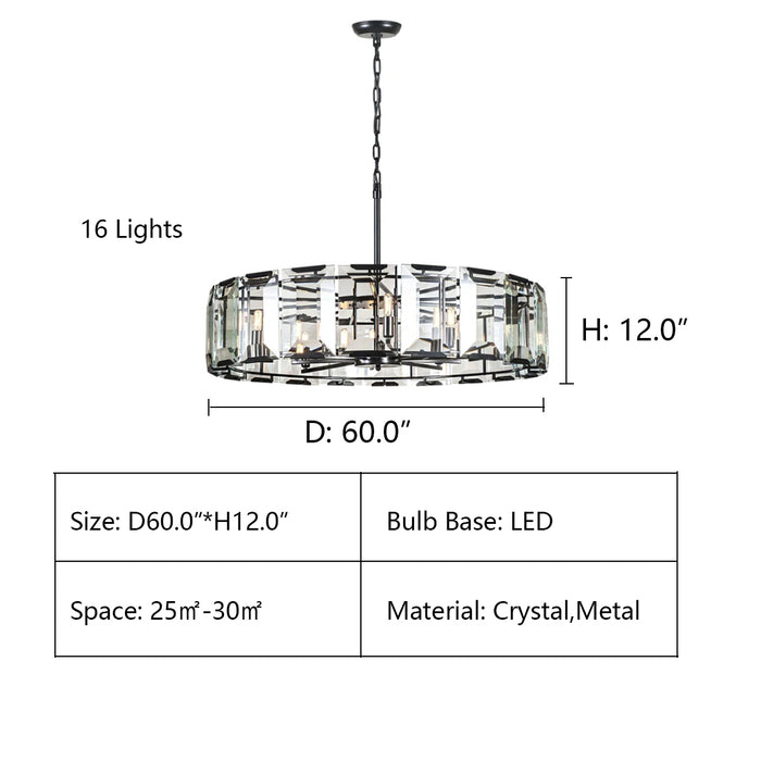 16Lights: D60.0"*H12.0" Tundra Prysm Crystal Round Chandelier ,chandelier,chandeliers,round,ring,circle,branch,candle,metal,crystal,rods,black,clear crystal,ceiling,living room,dining room,bedroom,home office,foyer,hallway,entrys,modern,minimalist
