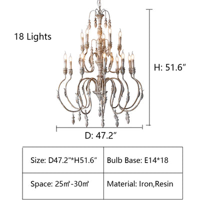 18Lights: D47.2"*H51.6" chandelier,chandeliers,pendant,candle,branch,metal,iron,wood,resin,vintage,retro,american countryside,living room,dining room,coffee shop,foyer,entrys,hallway,bedroom