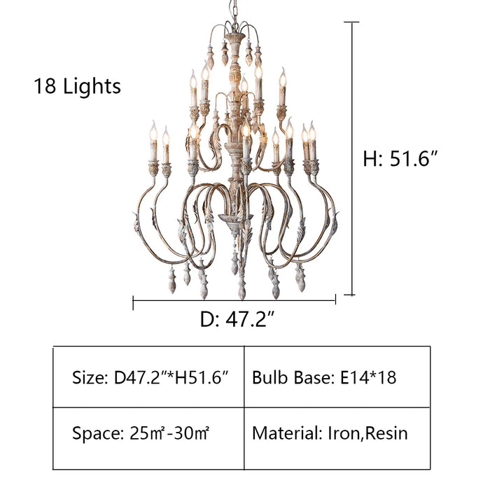 18Lights: D47.2"*H51.6" chandelier,chandeliers,pendant,candle,branch,metal,iron,wood,resin,vintage,retro,american countryside,living room,dining room,coffee shop,foyer,entrys,hallway,bedroom