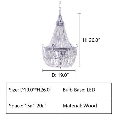 D19.0"*H26.0" Atelier Wood Beaded Chandelier,chandelier,chandelirs,pendant,white,wood,wooden,metal,round,empire,beads,wooden beads chain,metal branch,ceiling,chain,adjustable,dining room,living room,foyer,bedroom,entryance
