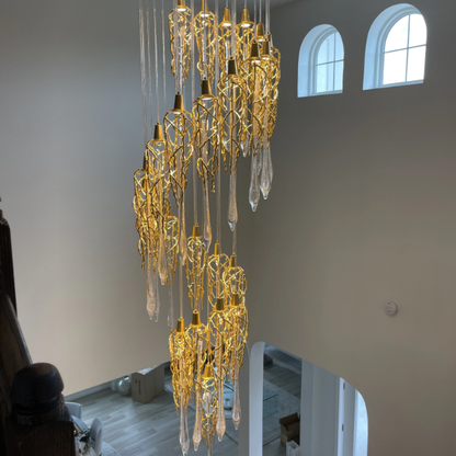 Extra Long Spiral Branch Shade Raindrop Crystal Pendant Chandelier for Staircase/Foyer/Living Room