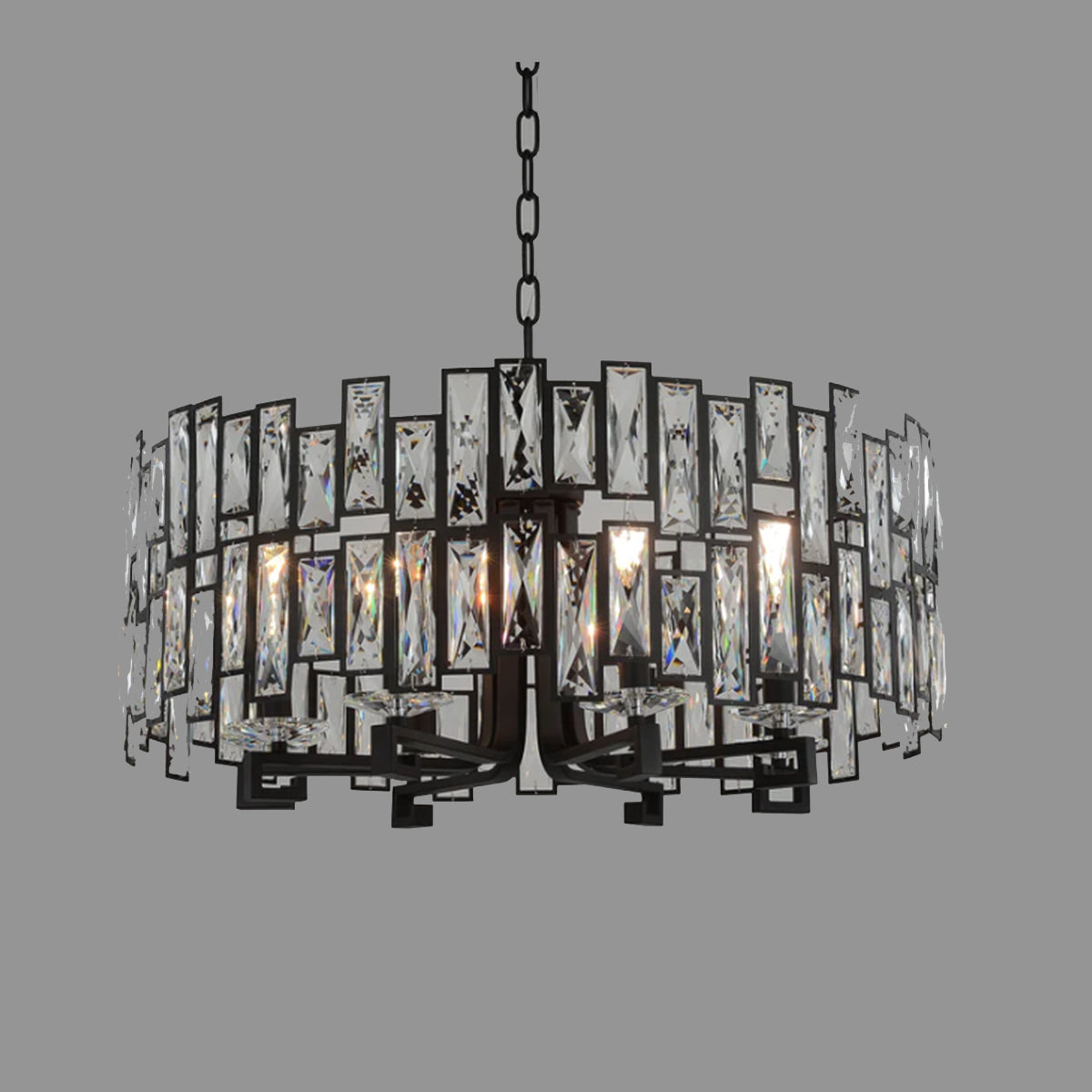 Round Multi-tier Black Metal Candle Branch Pendant Crystal Rods Chandelier for Living Room