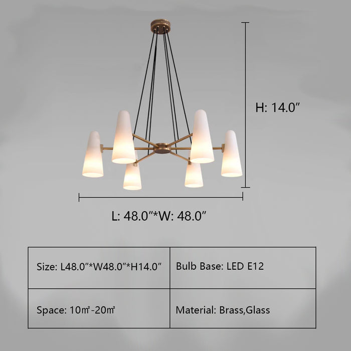 L48.0"*W48.0"*H14.0" SAVILLE ROUND CONE GLASS CHANDELIER,Bianco Chandelier 8 Lights Brass,chandelier,chandeliers,6 heads,8heads,glass,white,brass,copper,gold,minimalist,nordic,modern,cone,round cone,ceiling,large,huge,big,oversized,living room,dining room,bedroom,entryance